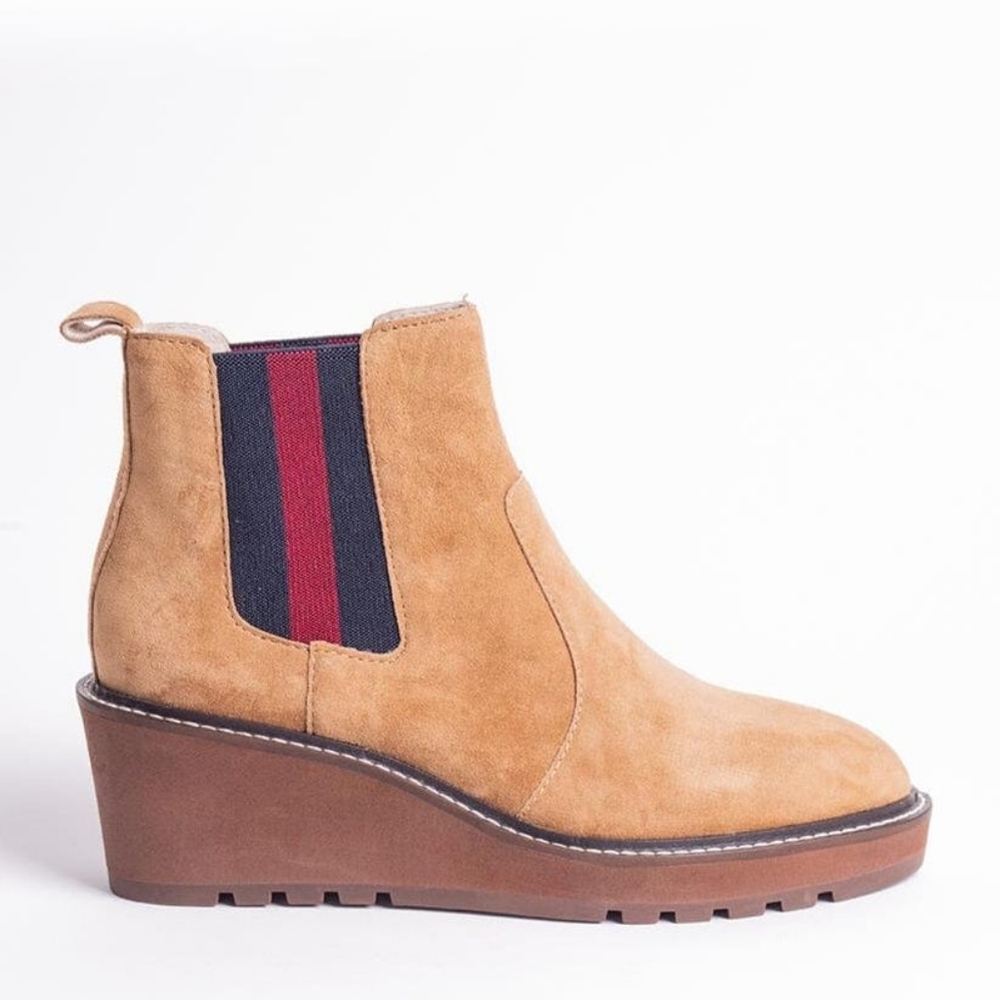 CECELIA NEW YORK Tan Ankle Boots with Black and Red Stripes - Picture 2 of 10